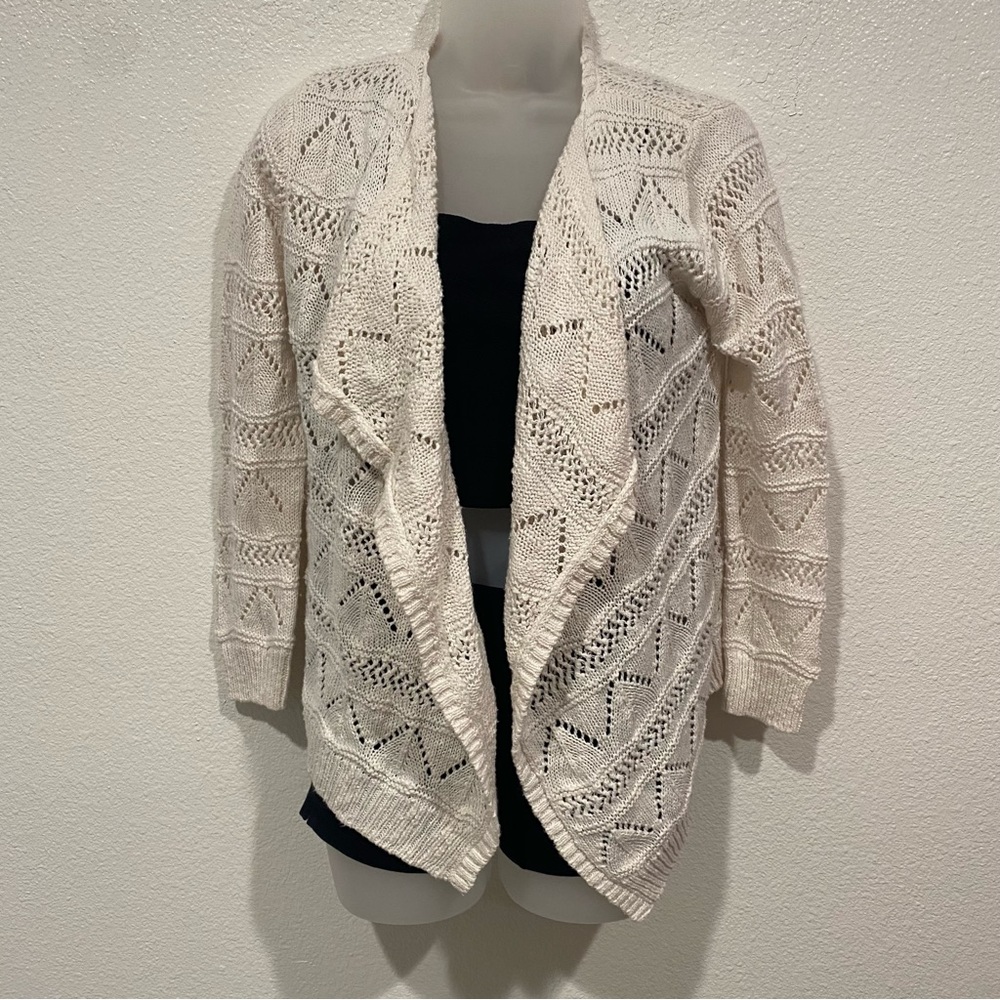 poof girl beige cream white knit cardigan long sleeve sweater top jacket coat